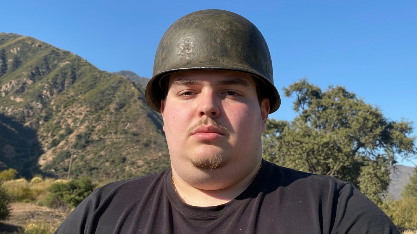 Real guy wearing M1 helmet outdoors with mountains behind him