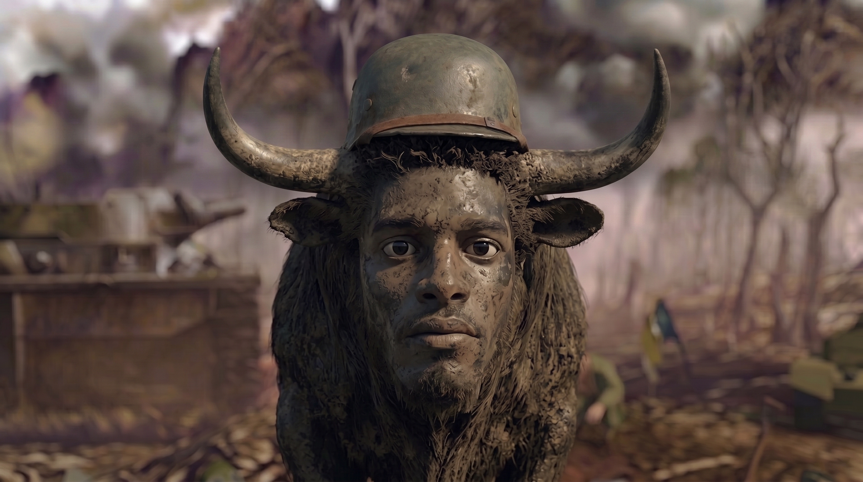 Trencher bull with M1 helmet and mud-covered human face on battlefield